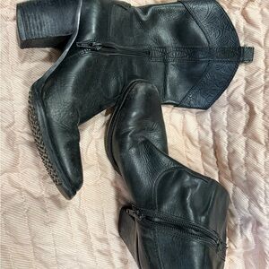 ANTONIO MELANI Black Leather Mid-Calf Block Heel Boots